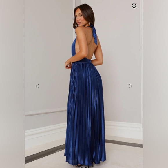 SHIMMERING SEA PLEATED HALTER MAXI DRESS NAVY - Picture 3 of 3